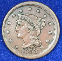 1853, XF, Braided Hair Large Cent, error- off center obverse