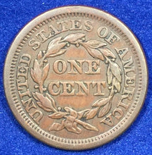 1853, XF, Braided Hair Large Cent, error- off center obverse
