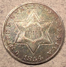 1854, AU Three Cent Silver Piece, no luster, toned