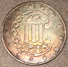 1854, AU Three Cent Silver Piece, no luster, toned