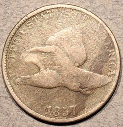 1857 Flying Eagle Cent, Grade= VG, double "AMERICA" Snow-4. Exact coin imaged.