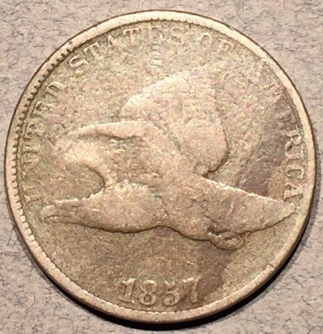 1857 Flying Eagle Cent, Grade= VG, double "AMERICA" Snow-4. Exact coin imaged.