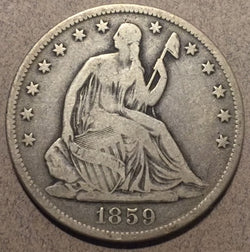 1859-O Seated Half Dollar, Grade= VG, minor marks and scratches