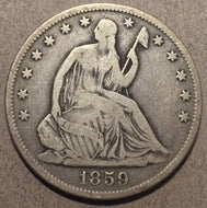 1859 O Seated Half Dollar, Grade= VG, minor marks and scratches
