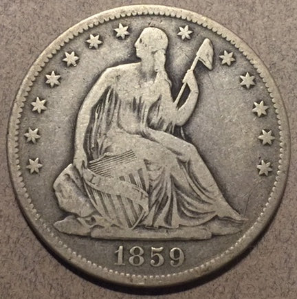 1859-O Seated Half Dollar, Grade= VG, minor marks and scratches