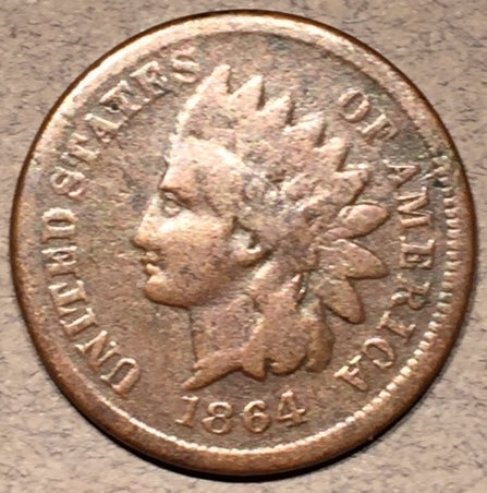 1864 L Indian Cent, Grade= VG
