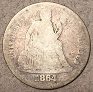 1864-S Seated Liberty Dime, Grade= AG, arrows, Nice AG, full date