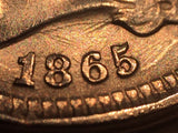 1865, MS63   Three Cent Nickel Piece, nice luster - neat coin with quadruple struck clashed dies and small peeled planchet on reverse.