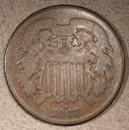 1867   Two Cent Piece  G, double die obverse. The only letter in motto is the "D" and it is clearly doubled. Breen 2392.