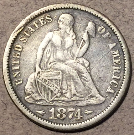 1874 Seated Liberty Dime, Grade=  XF, Arrows. Hit on edge creating a slight bend. Exact coin imaged.
