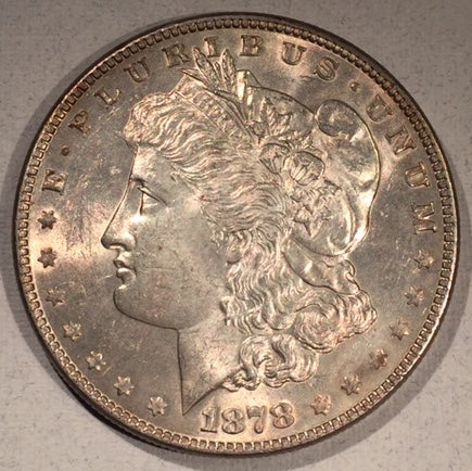 1878 7TF reverse '78 Morgan Dollar, MS60 light beige toning