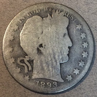 1893-S Barber Half Dollar, Grade= AG, better to the obverse