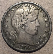 1898 Barber Half Dollar, Grade= F18,  Dark gray surfaces.