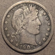 1901-O Barber Quarter, Grade= F, 2 small hits in front of LIBERTY