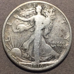 1916-D Walking Half Dollar, Grade= VG, lightly cleaned
