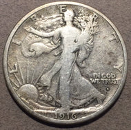 1916 D Walking Half Dollar, Grade= VG, lightly cleaned