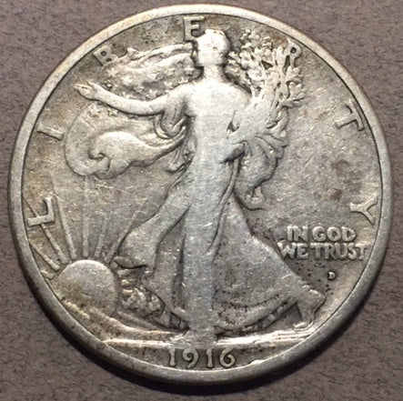 1916-D Walking Half Dollar, Grade= VG, lightly cleaned