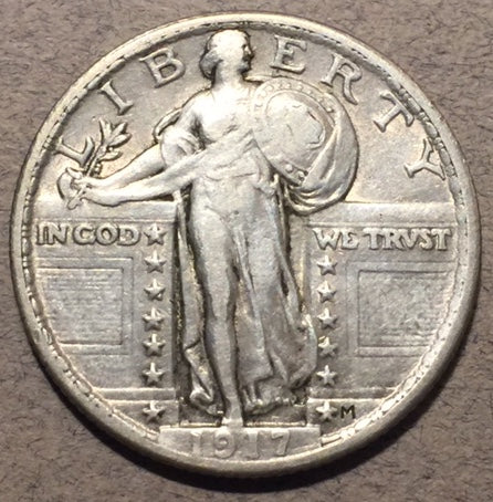 1917 Type 2 Standing Quarter,  VF, cleaned and retoned a light gold. Exact coin imaged.