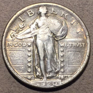 1920 Standing Quarter, Grade= AU, typical weak date but lustrous fields. Exact coin imaged.