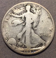 1921 D Walking Half Dollar, Grade= VG, cleaned
