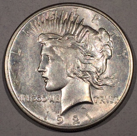 1921 Peace Dollar, AU planchet error on rev- "grease" streak