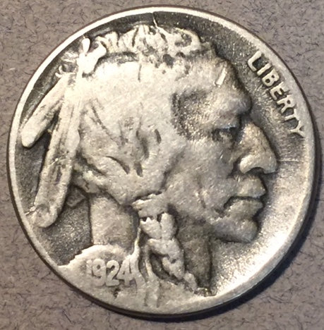 1924-S Buffalo Nickel, Grade= F, a couple minor scratches on the obverse. Exact coin imaged.