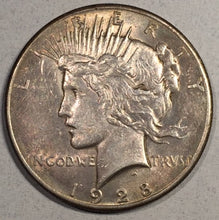 1928 Peace Dollar, Grade AU, minor problems, representative picture shown- may not be the actual coin