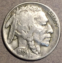 1935 Buffalo Nickel, Grade= F  Error,  Double reverse variety. FS 018, URS10. Breen 2644. 4mm scratch on Bisons shoulder.