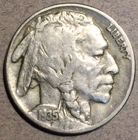 1935 Buffalo Nickel, Grade= F  Error,  Double reverse variety. FS 018, URS10. Breen 2644. 4mm scratch on Bisons shoulder.