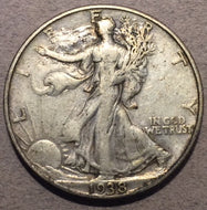 1938 D Obverse Walking Half Dollar, Grade= VF