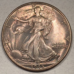 1945 Walking Half Dollar, Grade= MS65, beautiful even peach toning