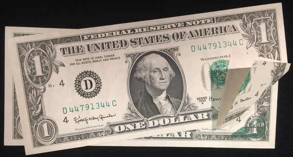 Error currency $1 1963A, Several major errors- folded overprint with corners on both obverse and reverse. Fantastic error.