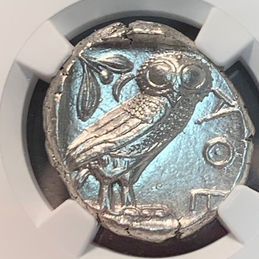 Silver Egyptian Struck Owl, Shocking Luster! 5th-4th century BC, Tetrdrachm, NGC Mint State strike 5/5, surface 3/5
