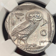 Silver Egyptian Struck Owl, 5th-4th century BC, Tetrdrachm, NGC Mint State strike 5/5, surface 4/5