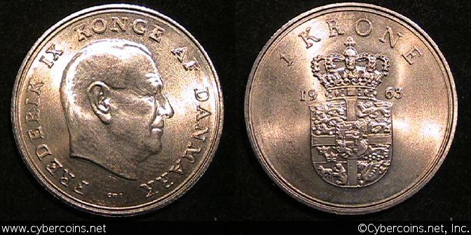 Denmark, 1963,  1 krone, AU, KM851.1 -