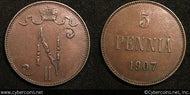 Finland, 1907, 5 Pennia, KM15 - XF/AU