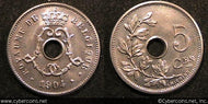 Belgium, 1904, 5 centimes, KM54, UNC - nice!