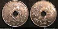 Belgium, 1910, 25 Centimes, KM69, UNC