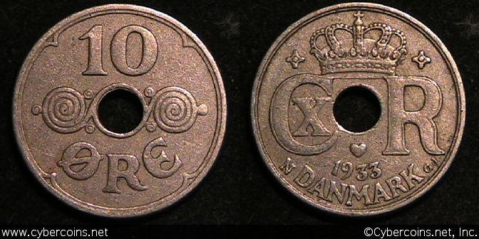 Denmark, 1933, 10 Ore, KM822.2, VF - some