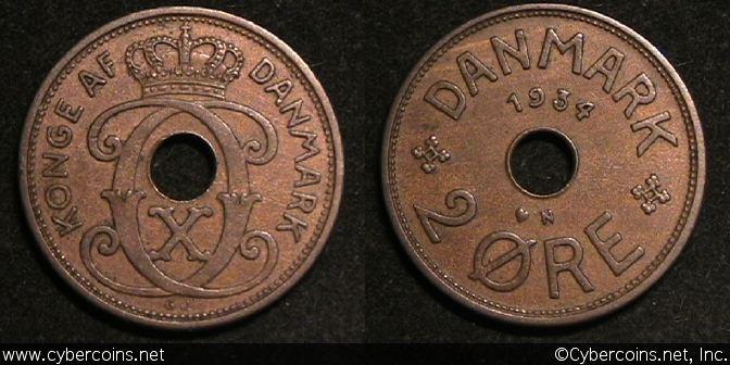 Denmark, 1934, 2 Ore, KM827.2, XF - minor