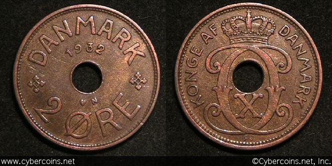 Denmark, 1932, 2 Ore, KM827.2, XF - slight