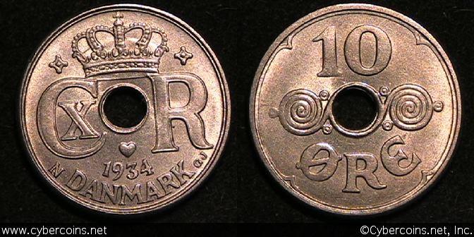 Denmark, 1934, 10 Ore, KM822.2, UNC/AU