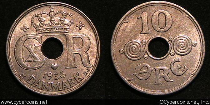 Denmark, 1936, 10 Ore, KM822.2, XF -