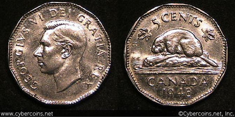 1948, Canada 5 cent, KM42, UNC. Tiny spots
