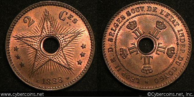 Congo Free State, 1888, 2 Centimes, KM2 - UNC
