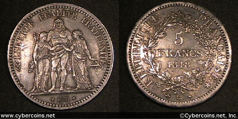 France, 1848 BB 5 Franc KM756.2, AU, Darker and slightly uneven 