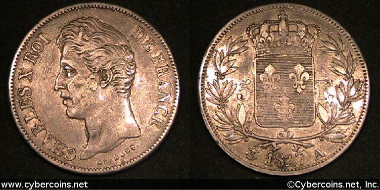 France, 1827 A, 5 Franc, KM728.1 - XF - a