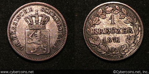Hesse-Darmstadt, 1871, Kreuzer, KM339, VF