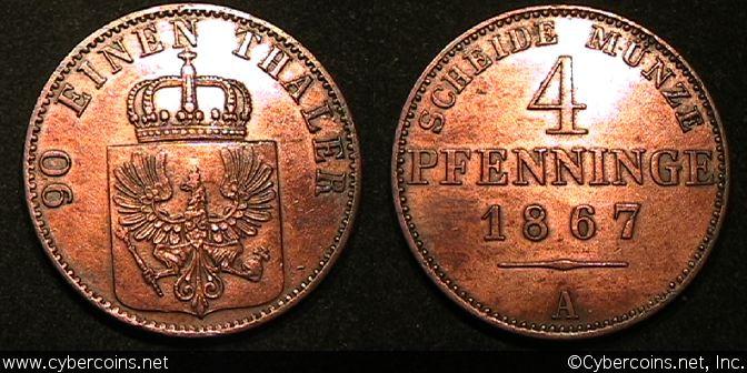 Prussia, 1867A, 4 pfennig, Cleaned XF, KM483