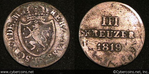 Nassau, 1819, 3 Kreuzer, KM45, F/VF